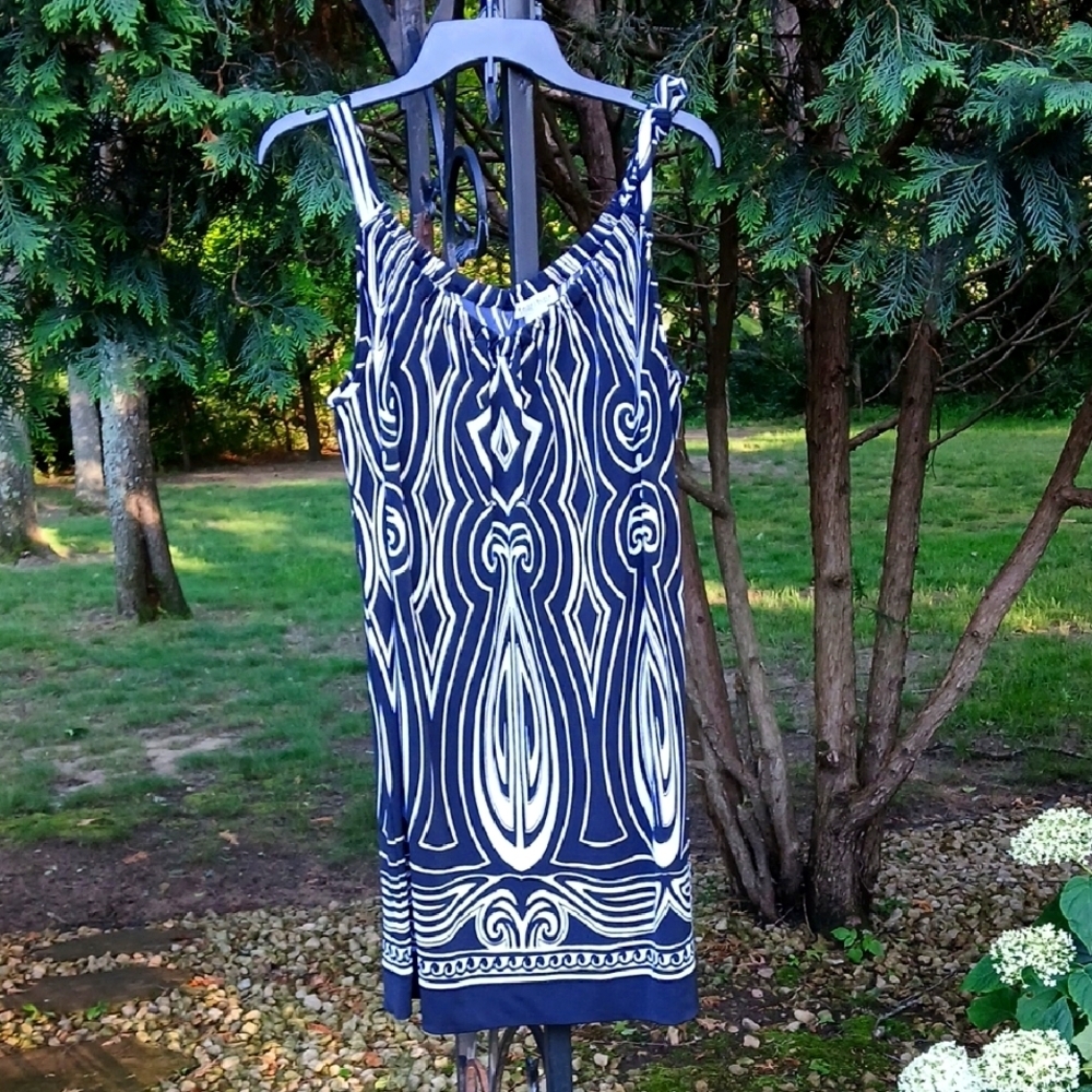White House Black Market Blue and White Spaghetti Strap Sundress Sz M Vacation